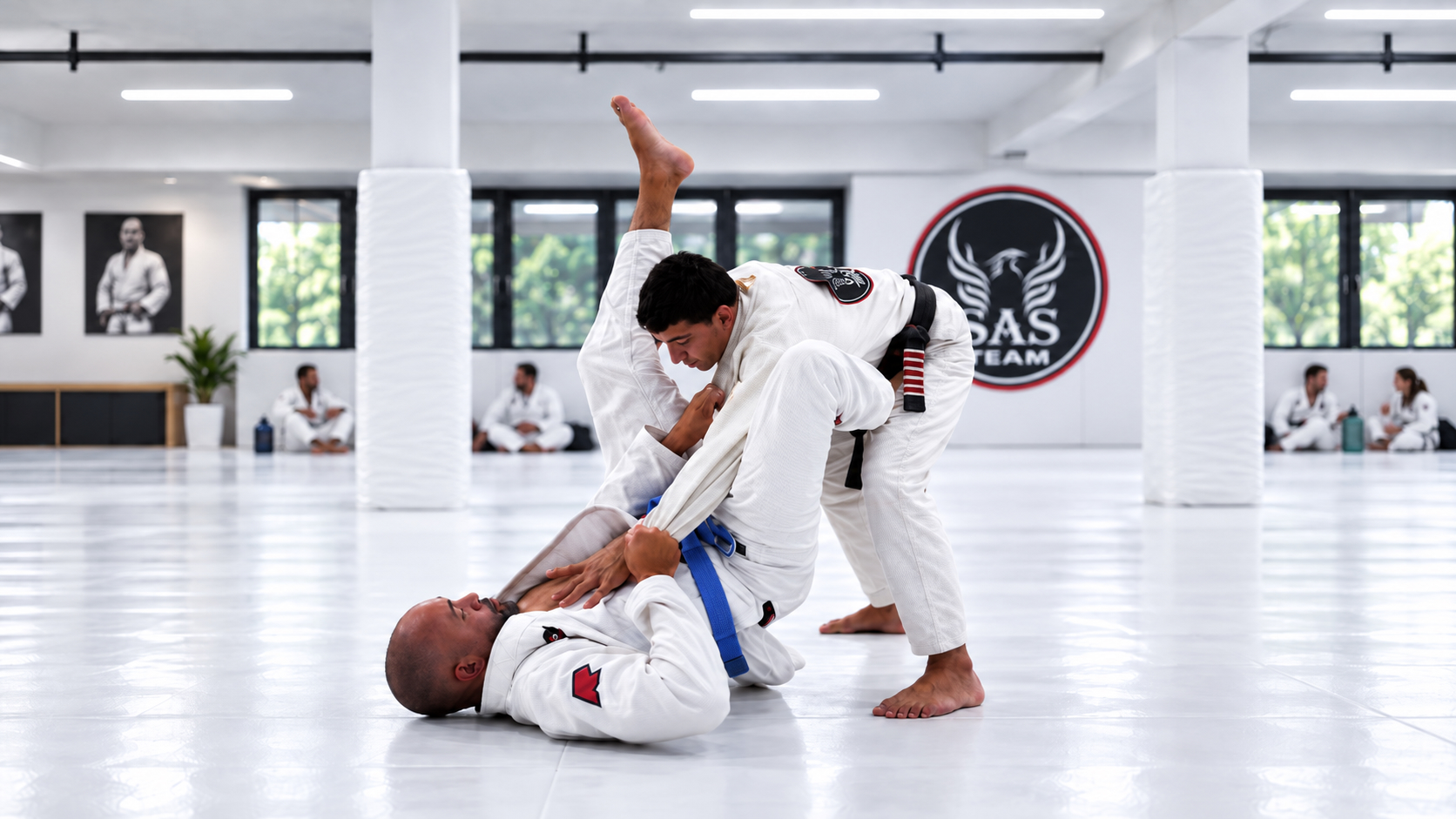 Two jiu-jitsu athletes rolling on white mats