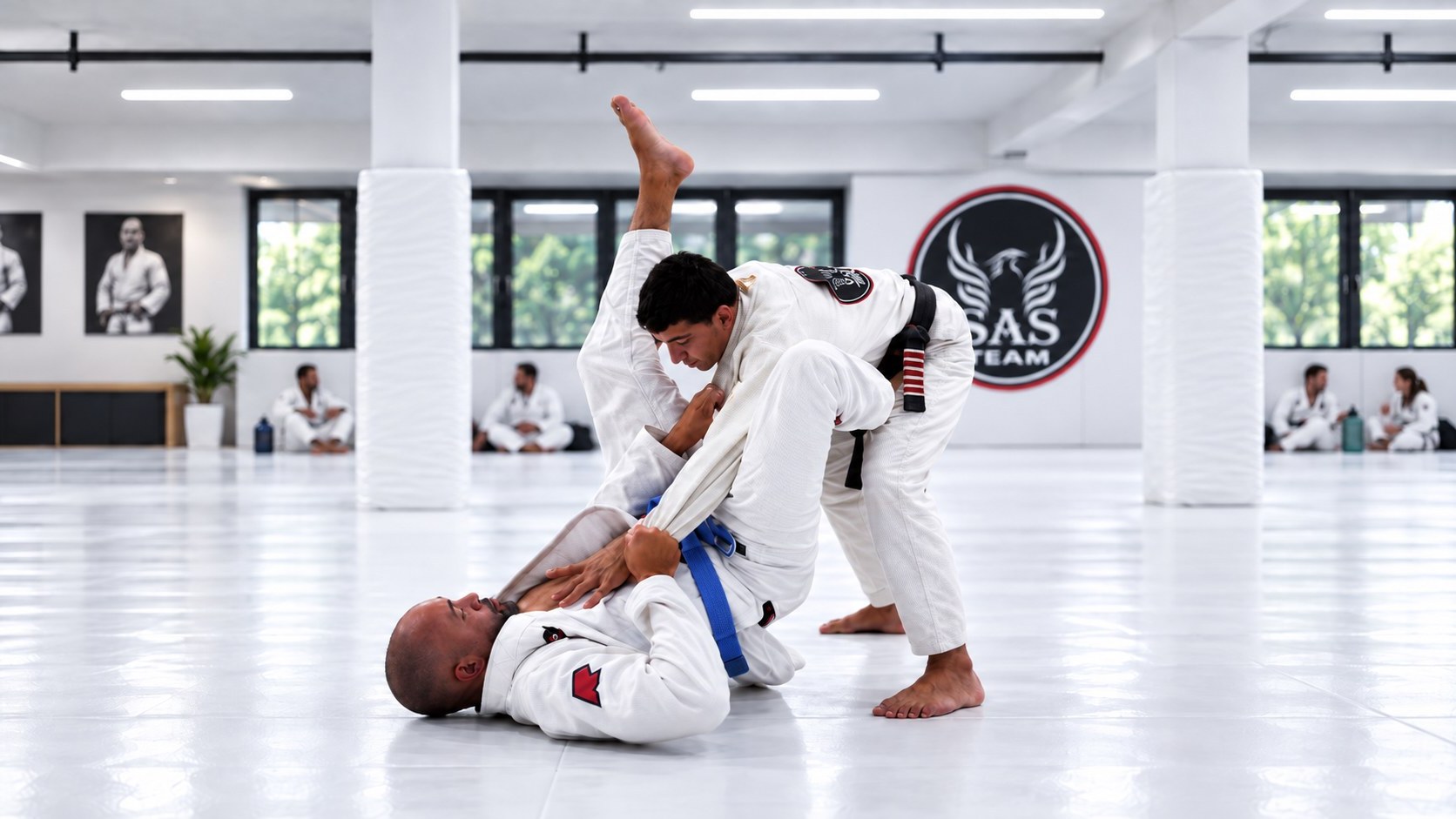 Two athletes training Brazilian jiu-jitsu on a white mat. Nobody is wearing a watch.